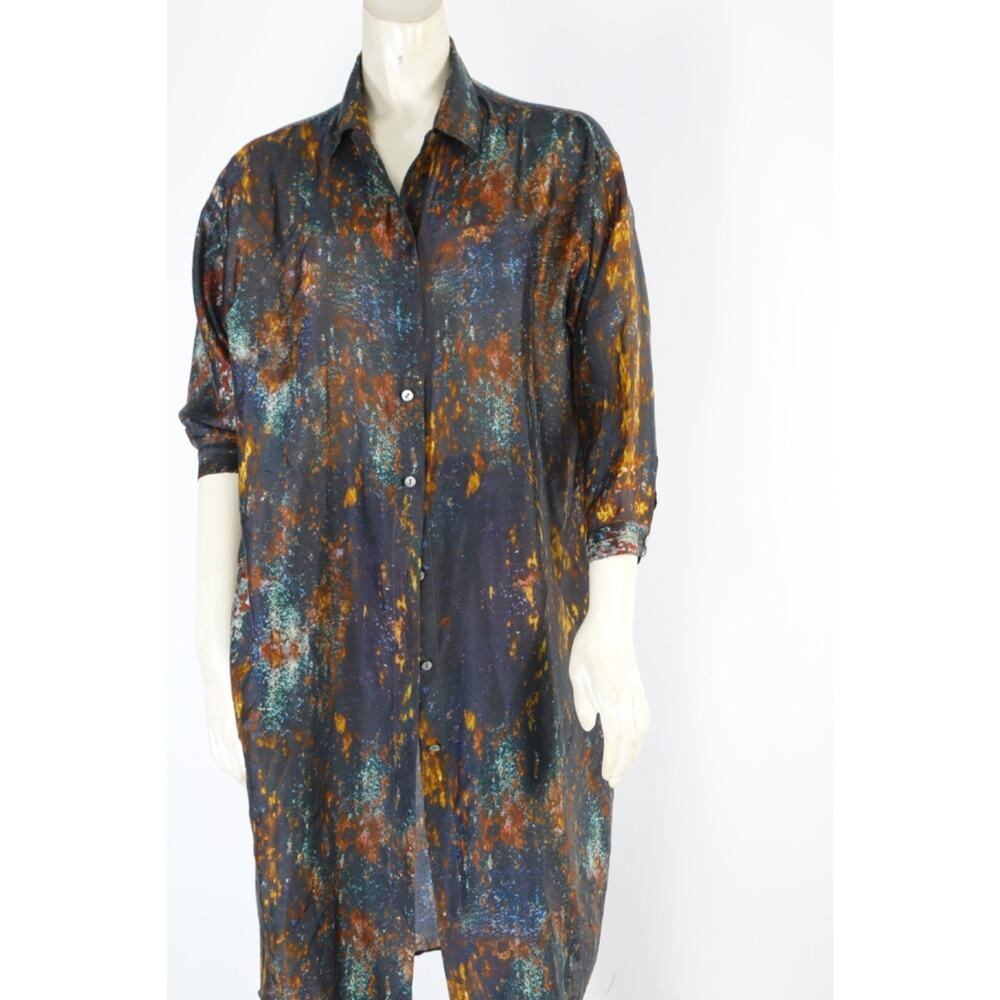 Yavi Button Down Silk Blouse Abstract Painted Designer Top Luxury Size S - Picture 2 of 11